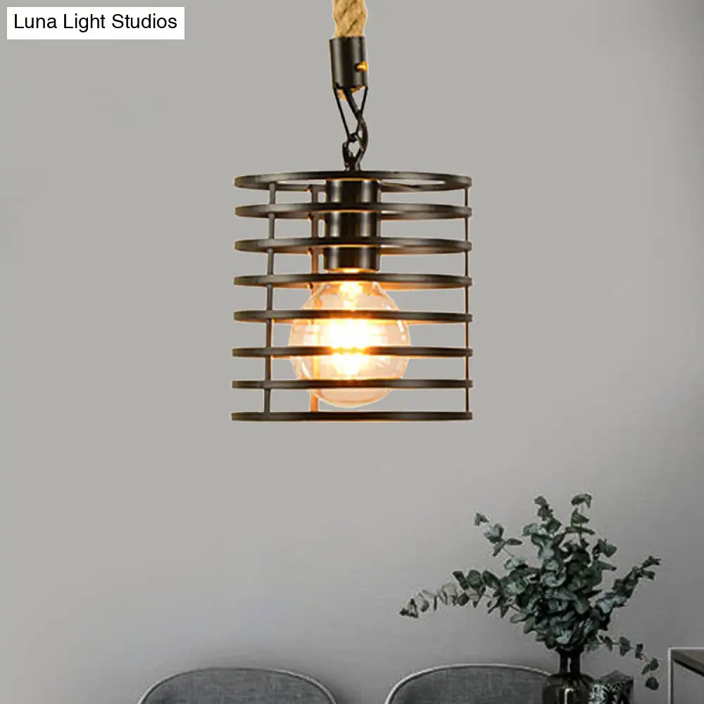 Metal & Rope Hanging Farmhouse Pendant Lamp - Black Globe/Cylinder/Barrel Cage - Dining Room Lighting