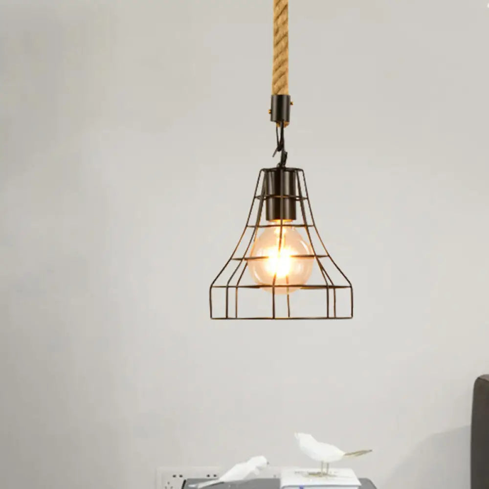 Metal & Rope Hanging Farmhouse Pendant Lamp - Black Globe/Cylinder/Barrel Cage - Dining Room Lighting