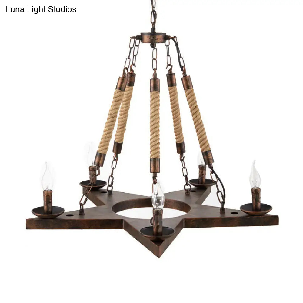 Metal Star-Shaped Chandelier Pendant Light - Retro 5-Light Restaurant Fixture in Black/Rust