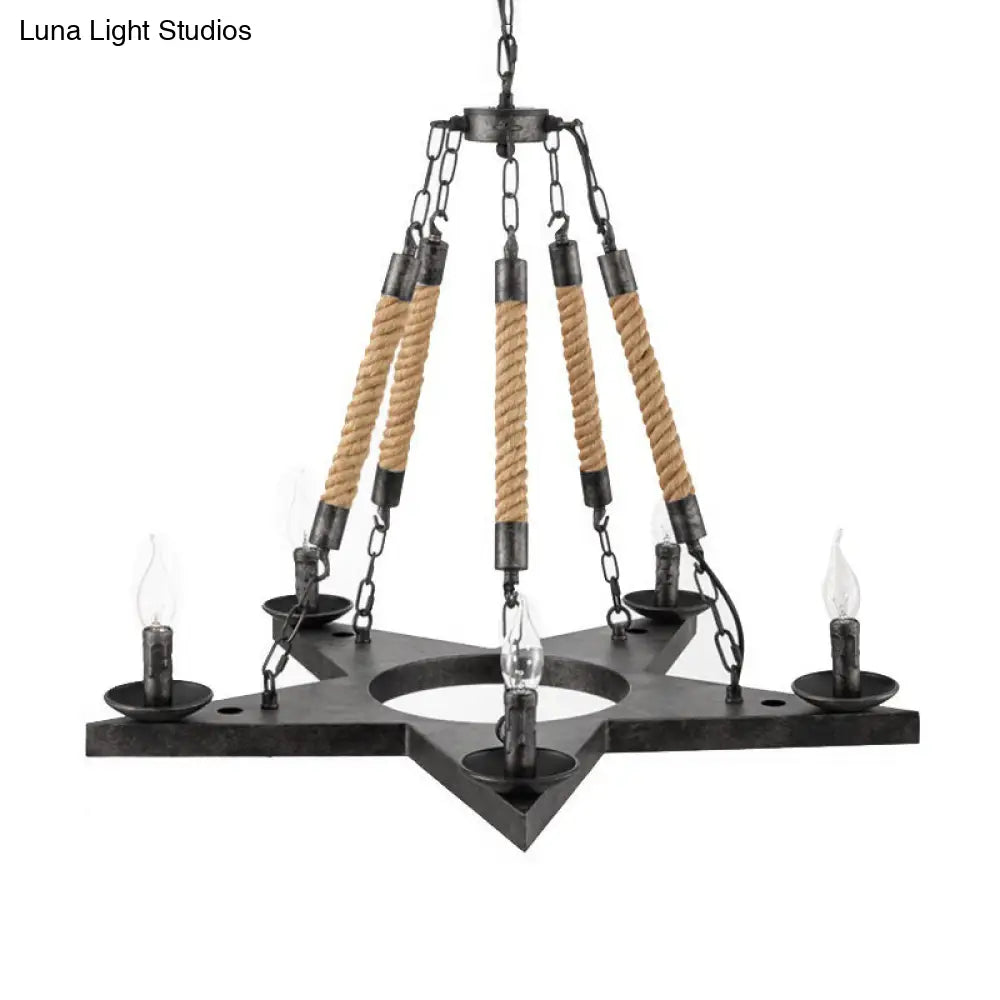 Metal Star-Shaped Chandelier Pendant Light - Retro 5-Light Restaurant Fixture in Black/Rust