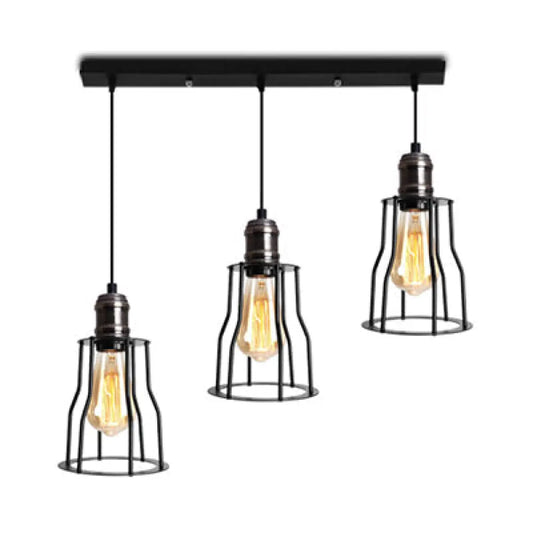 Metallic 3-Light Caged Pendant Fixture with Cylinder Shade for Industrial Settings