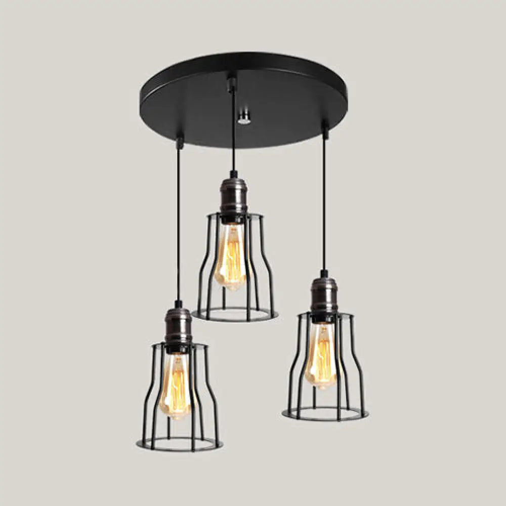 Metallic 3-Light Caged Pendant Fixture with Cylinder Shade for Industrial Settings