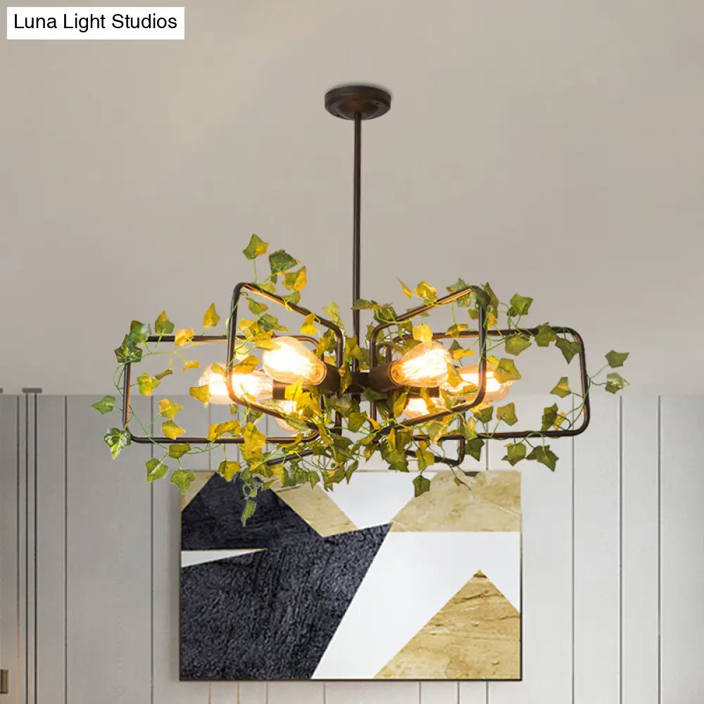 Metallic 6-Light Chandelier with Green Plant Deco for Farm Style Dining Room