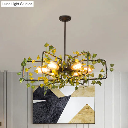 Metallic 6-Light Chandelier with Green Plant Deco for Farm Style Dining Room