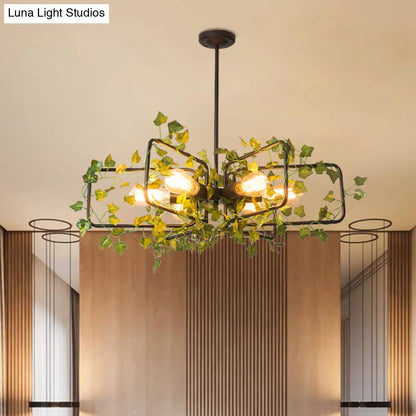 Metallic 6-Light Chandelier with Green Plant Deco for Farm Style Dining Room