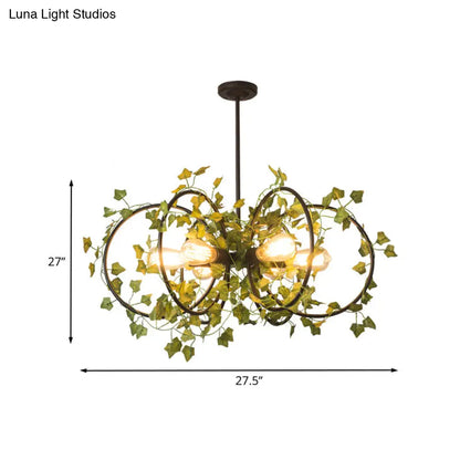 Metallic 6-Light Chandelier with Green Plant Deco for Farm Style Dining Room