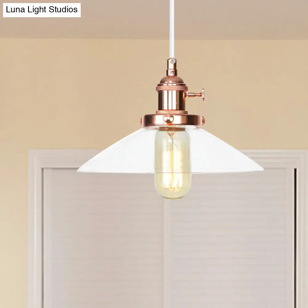 Metallic and Clear Glass Farmhouse Cone Pendant Lamp - Adjustable Height Ceiling Light