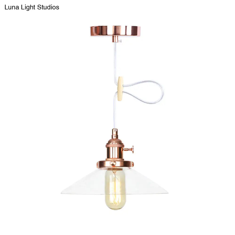 Metallic and Clear Glass Farmhouse Cone Pendant Lamp - Adjustable Height Ceiling Light