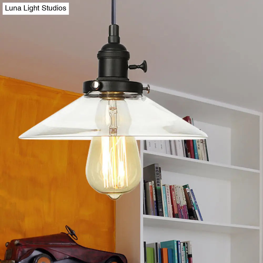 Metallic and Clear Glass Farmhouse Cone Pendant Lamp - Adjustable Height Ceiling Light