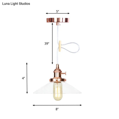 Metallic and Clear Glass Farmhouse Cone Pendant Lamp - Adjustable Height Ceiling Light