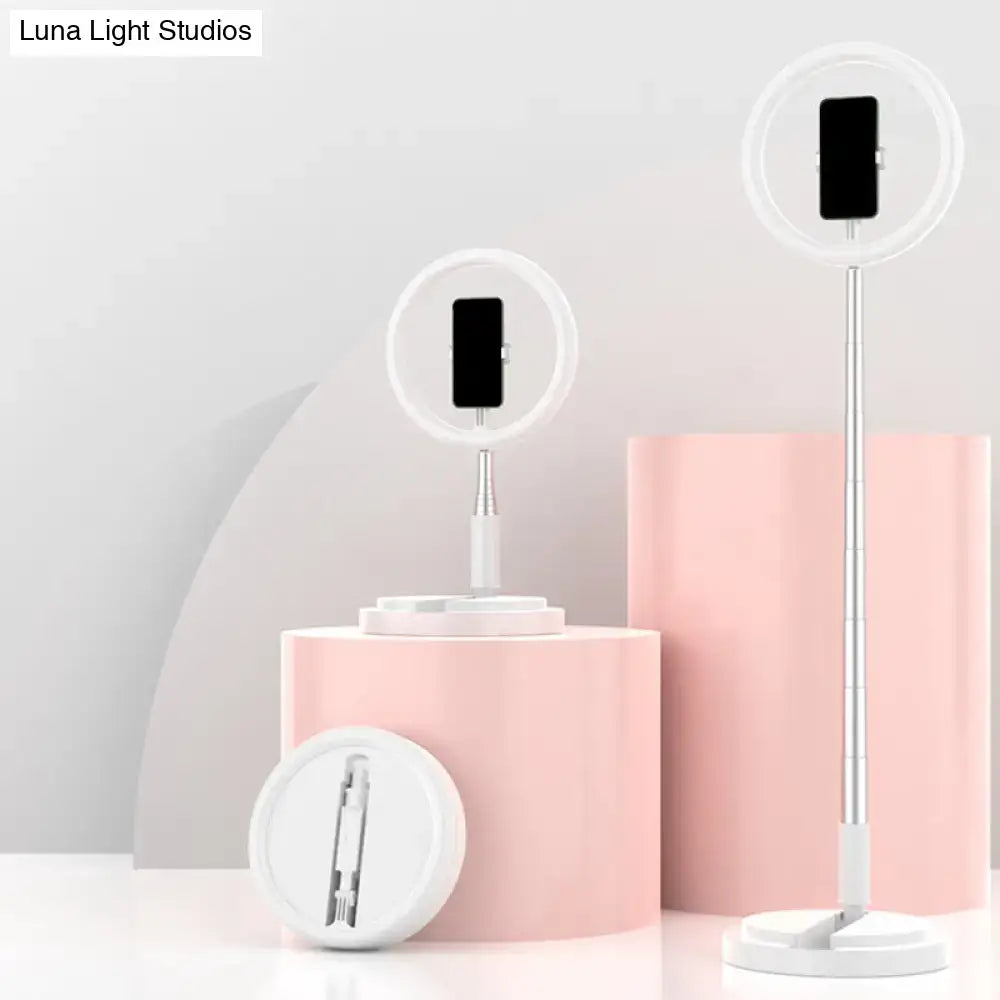 Metallic black led makeup lamp with white ring light adjustable stand and phone holder for bedroom use