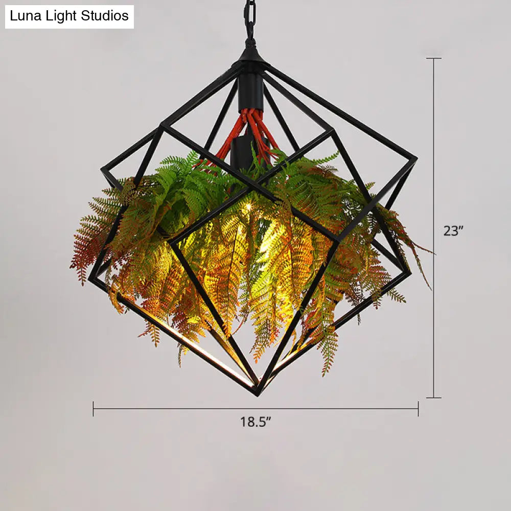 Metallic Ceiling Pendant with Industrial Frame and Plant Decor for Restaurant