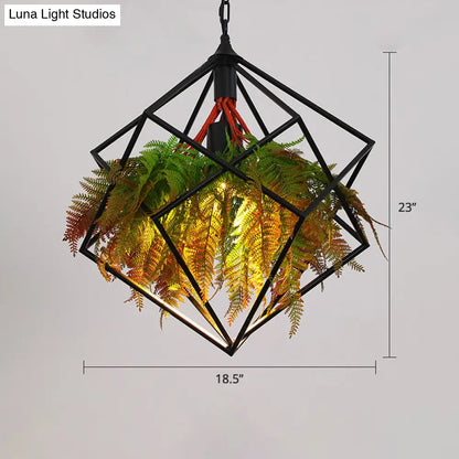 Metallic Ceiling Pendant with Industrial Frame and Plant Decor for Restaurant