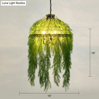 Metallic Ceiling Pendant with Industrial Frame and Plant Decor for Restaurant