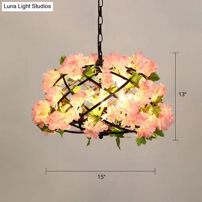 Metallic Ceiling Pendant with Industrial Frame and Plant Decor for Restaurant