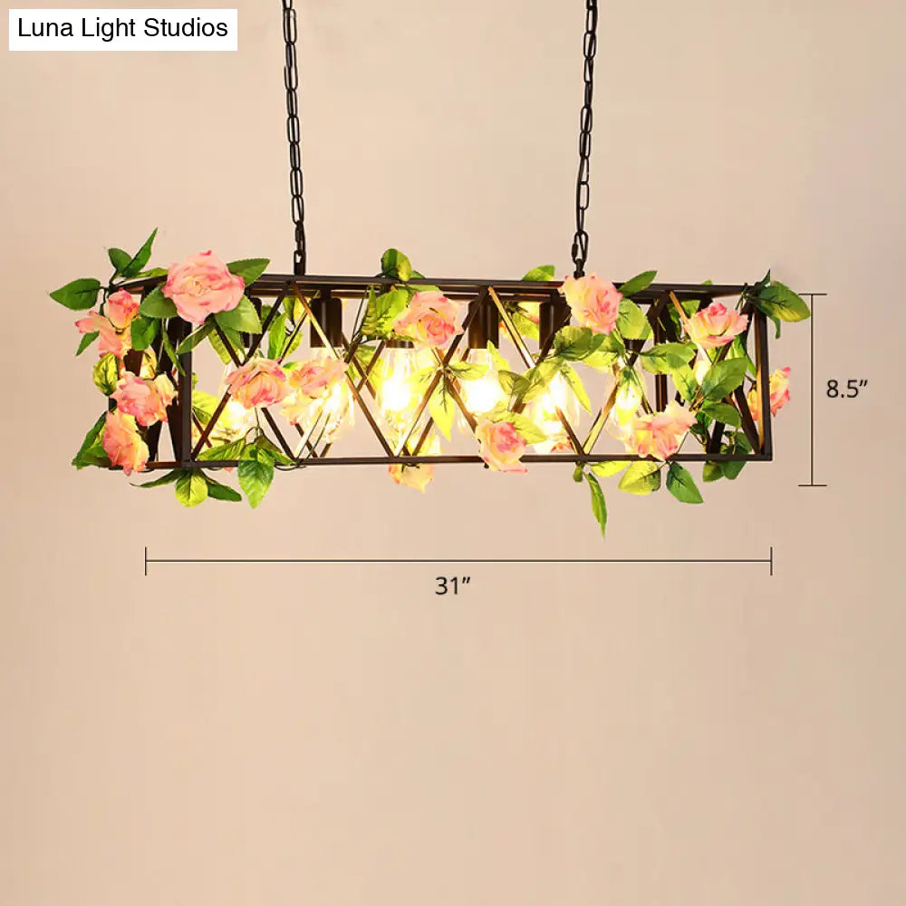 Metallic Ceiling Pendant with Industrial Frame and Plant Decor for Restaurant