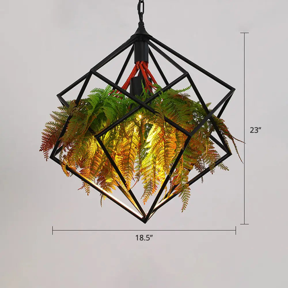 Metallic Ceiling Pendant with Industrial Frame and Plant Decor for Restaurant