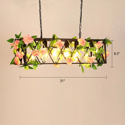 Metallic Ceiling Pendant with Industrial Frame and Plant Decor for Restaurant