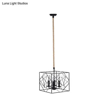 Metallic Chandelier Lamp - 4 Heads, Black Cubic Frame, Candlestick Design - Perfect for Dining Room and Warehouse Lighting