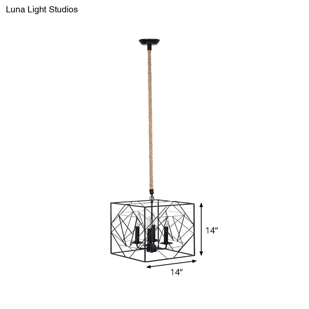 Metallic Chandelier Lamp - 4 Heads, Black Cubic Frame, Candlestick Design - Perfect for Dining Room and Warehouse Lighting