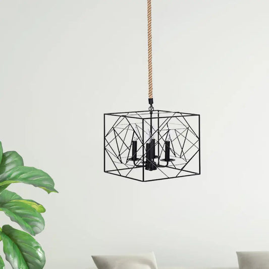 Metallic Chandelier Lamp - 4 Heads, Black Cubic Frame, Candlestick Design - Perfect for Dining Room and Warehouse Lighting