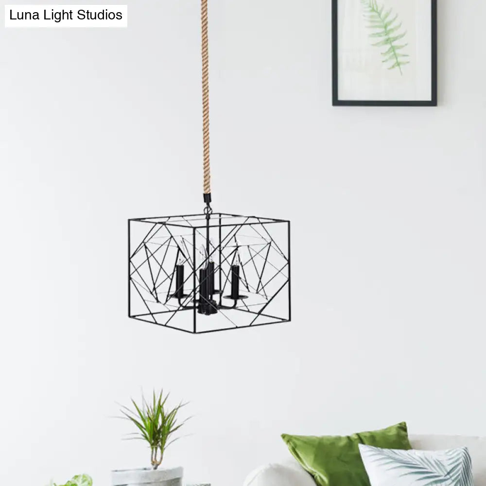 Metallic Chandelier Lamp - 4 Heads, Black Cubic Frame, Candlestick Design - Perfect for Dining Room and Warehouse Lighting