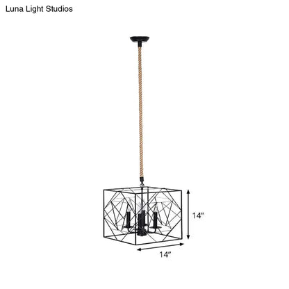 Metallic Chandelier Lamp - 4 Heads, Black Cubic Frame, Candlestick Design - Perfect for Dining Room and Warehouse Lighting