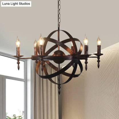 Metallic Chandelier with Spherical Cage Shade - Vintage 6/8 Head Ceiling Light for Restaurants in Black/Rust