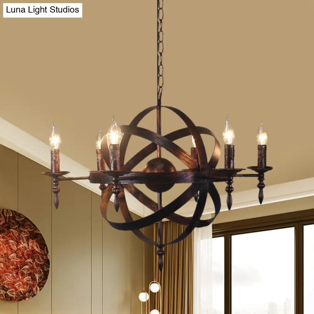 Metallic Chandelier with Spherical Cage Shade - Vintage 6/8 Head Ceiling Light for Restaurants in Black/Rust