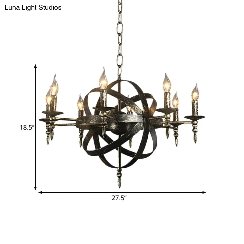 Metallic Chandelier with Spherical Cage Shade - Vintage 6/8 Head Ceiling Light for Restaurants in Black/Rust