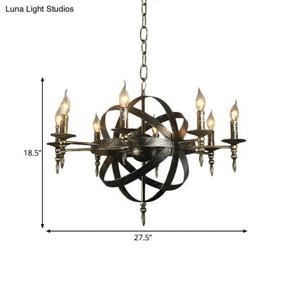 Metallic Chandelier with Spherical Cage Shade - Vintage 6/8 Head Ceiling Light for Restaurants in Black/Rust