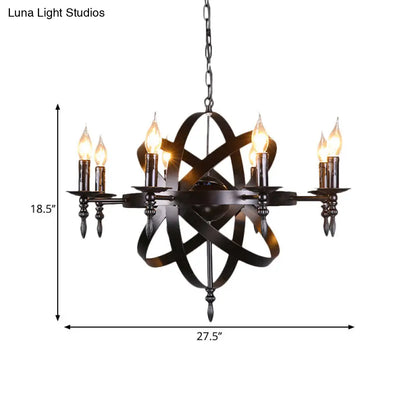 Metallic Chandelier with Spherical Cage Shade - Vintage 6/8 Head Ceiling Light for Restaurants in Black/Rust