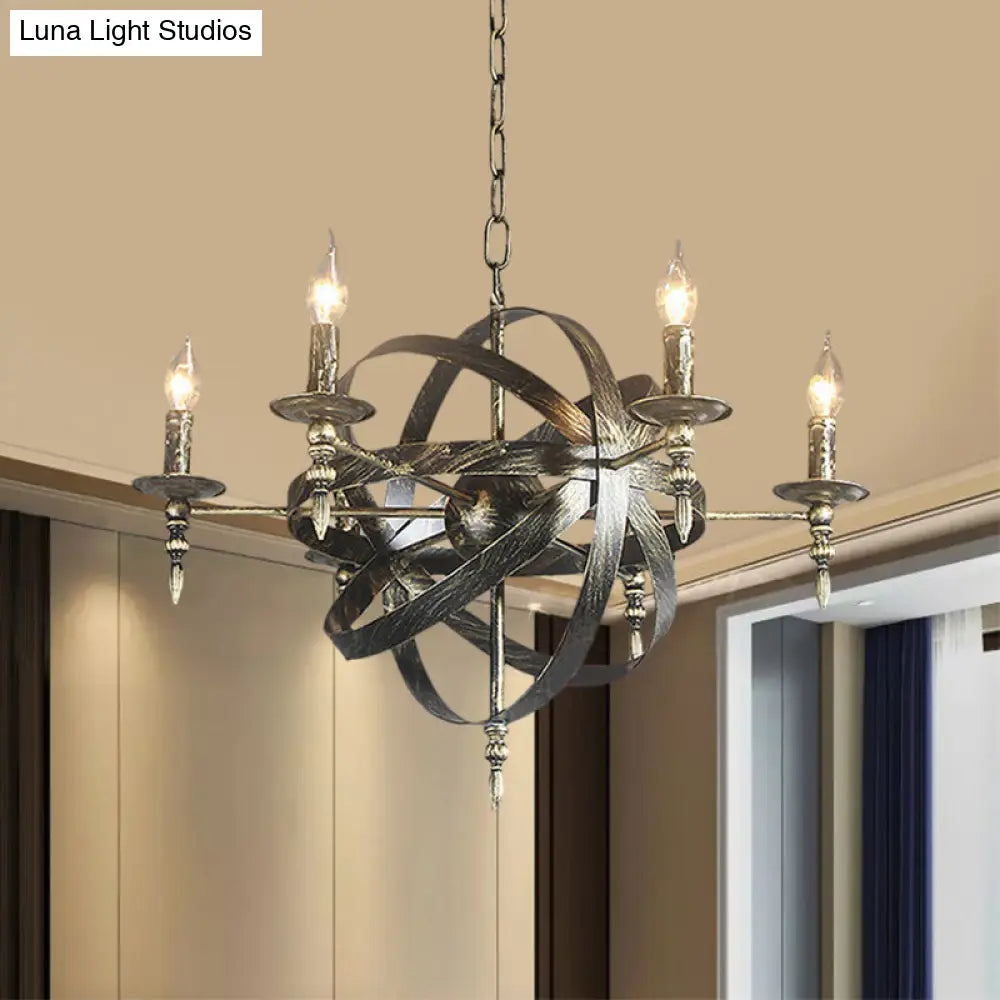 Metallic Chandelier with Spherical Cage Shade - Vintage 6/8 Head Ceiling Light for Restaurants in Black/Rust