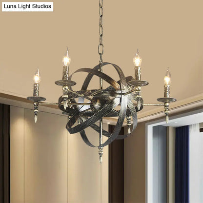 Metallic Chandelier with Spherical Cage Shade - Vintage 6/8 Head Ceiling Light for Restaurants in Black/Rust