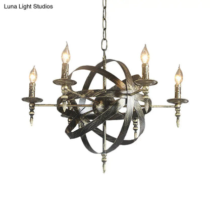 Metallic Chandelier with Spherical Cage Shade - Vintage 6/8 Head Ceiling Light for Restaurants in Black/Rust