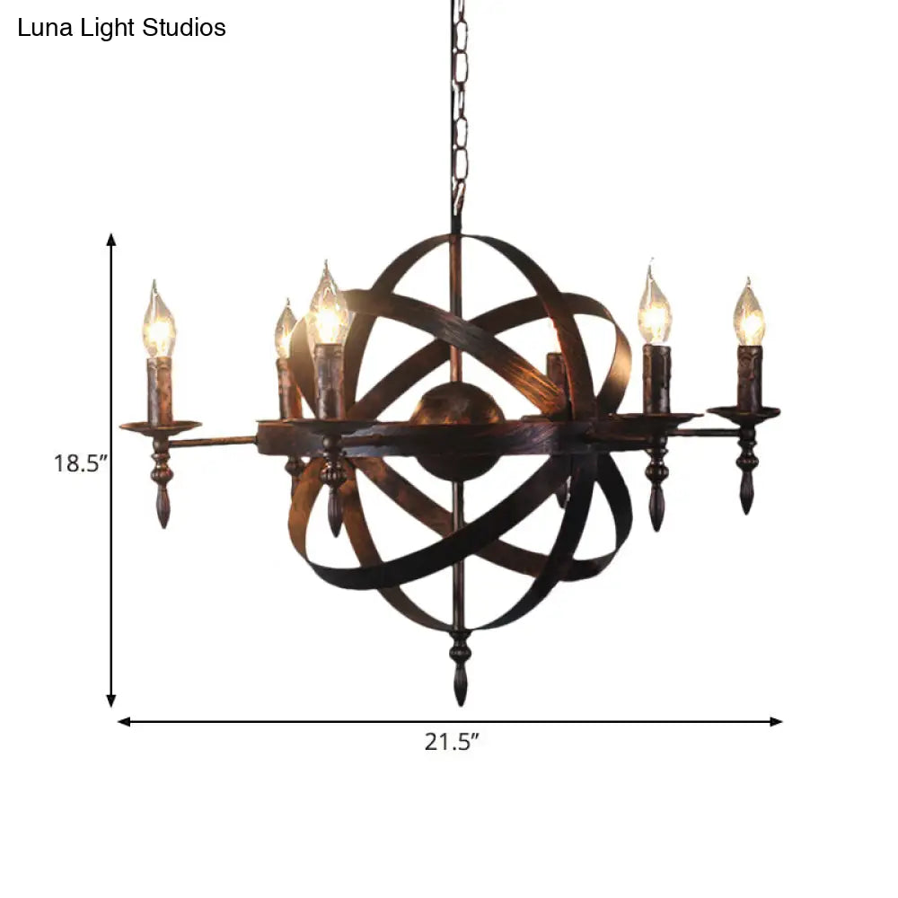 Metallic Chandelier with Spherical Cage Shade - Vintage 6/8 Head Ceiling Light for Restaurants in Black/Rust
