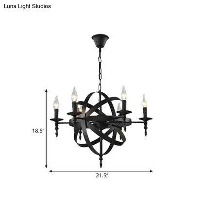 Metallic Chandelier with Spherical Cage Shade - Vintage 6/8 Head Ceiling Light for Restaurants in Black/Rust