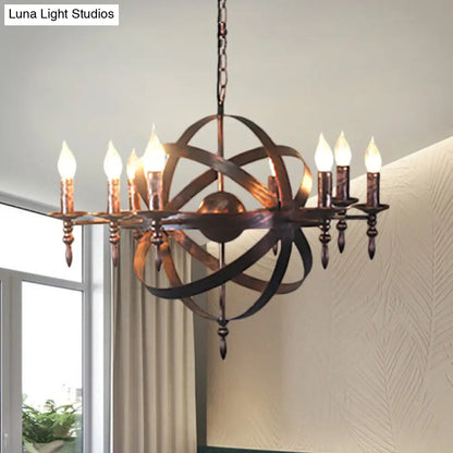 Metallic Chandelier with Spherical Cage Shade - Vintage 6/8 Head Ceiling Light for Restaurants in Black/Rust
