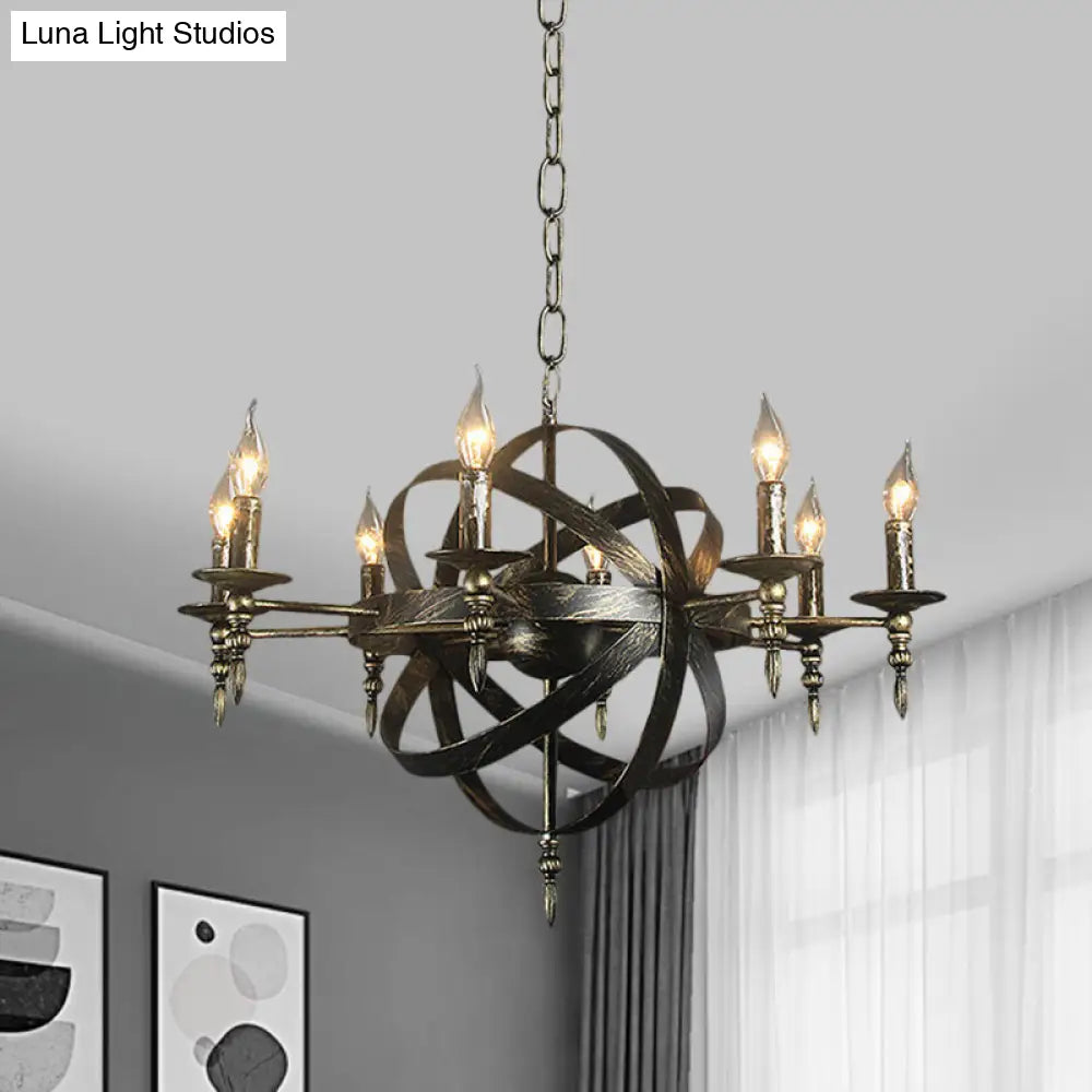 Metallic Chandelier with Spherical Cage Shade - Vintage 6/8 Head Ceiling Light for Restaurants in Black/Rust