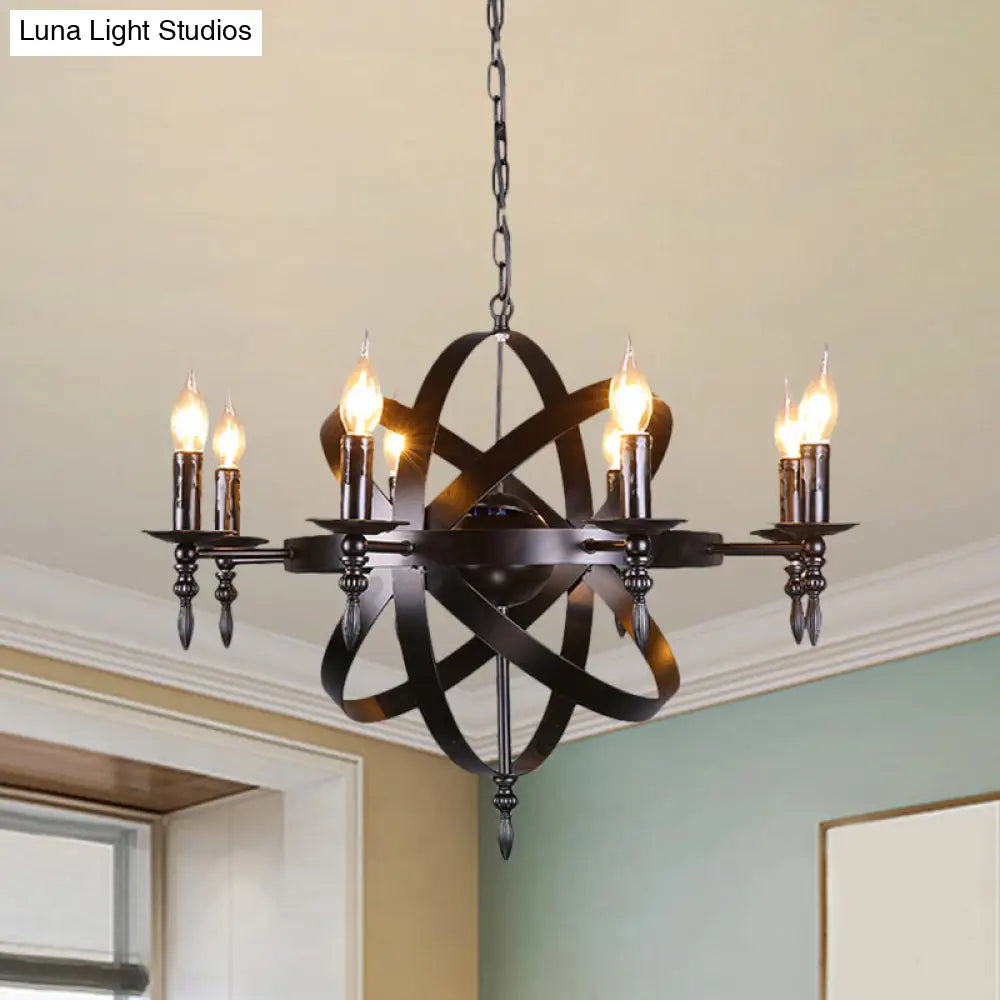 Metallic Chandelier with Spherical Cage Shade - Vintage 6/8 Head Ceiling Light for Restaurants in Black/Rust