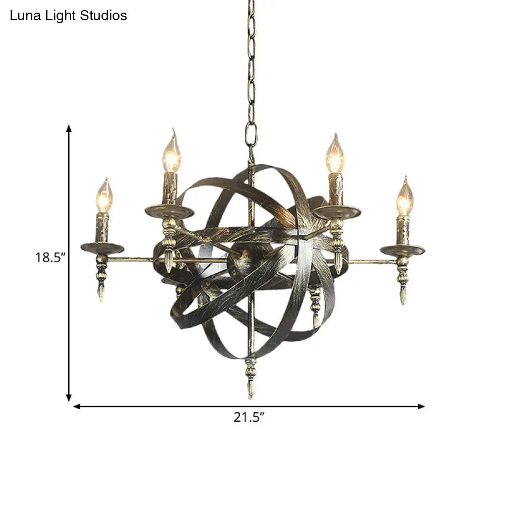 Metallic Chandelier with Spherical Cage Shade - Vintage 6/8 Head Ceiling Light for Restaurants in Black/Rust
