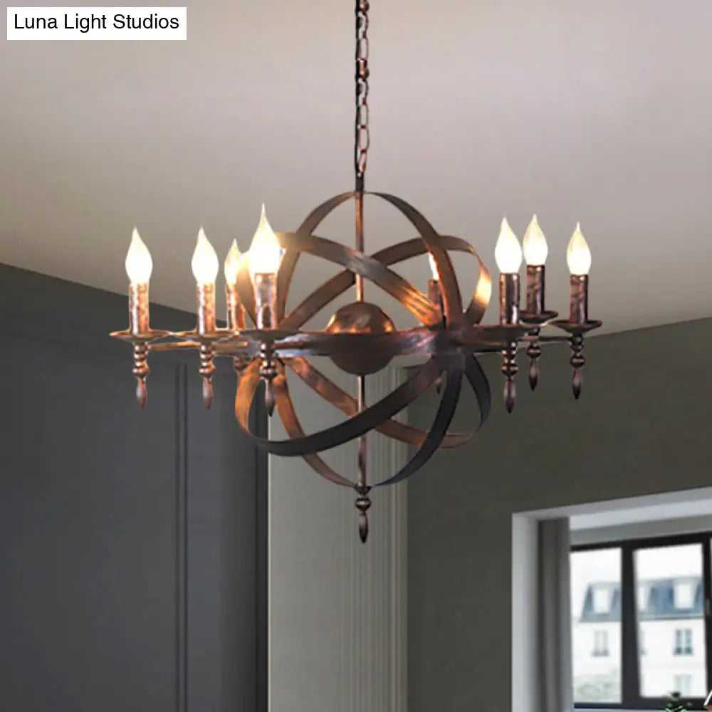 Metallic Chandelier with Spherical Cage Shade - Vintage 6/8 Head Ceiling Light for Restaurants in Black/Rust