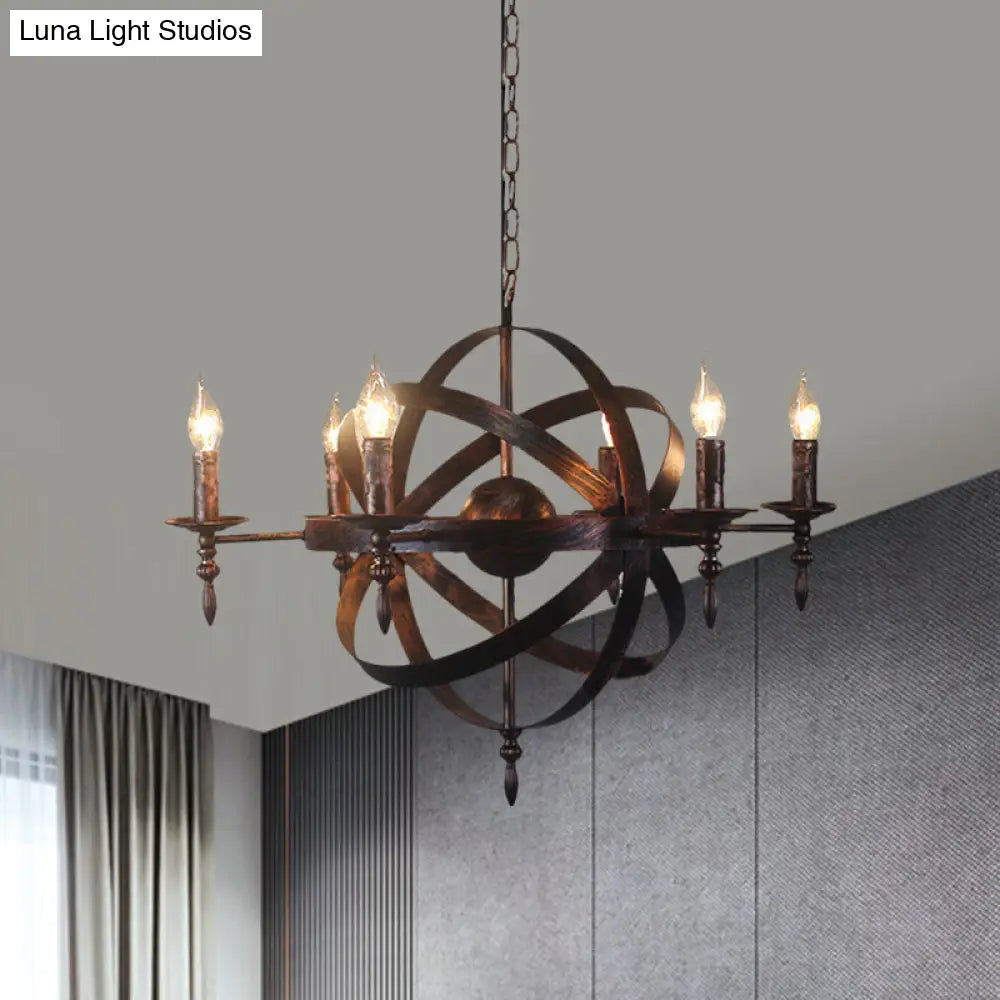 Metallic Chandelier with Spherical Cage Shade - Vintage 6/8 Head Ceiling Light for Restaurants in Black/Rust