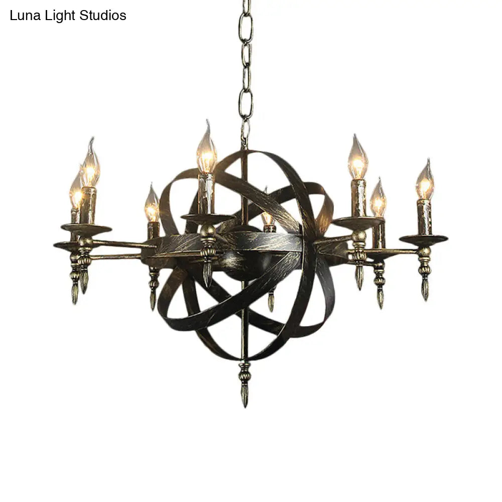 Metallic Chandelier with Spherical Cage Shade - Vintage 6/8 Head Ceiling Light for Restaurants in Black/Rust