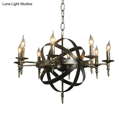 Metallic Chandelier with Spherical Cage Shade - Vintage 6/8 Head Ceiling Light for Restaurants in Black/Rust