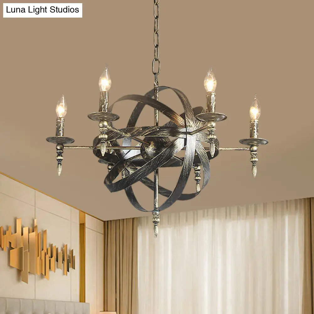 Metallic Chandelier with Spherical Cage Shade - Vintage 6/8 Head Ceiling Light for Restaurants in Black/Rust