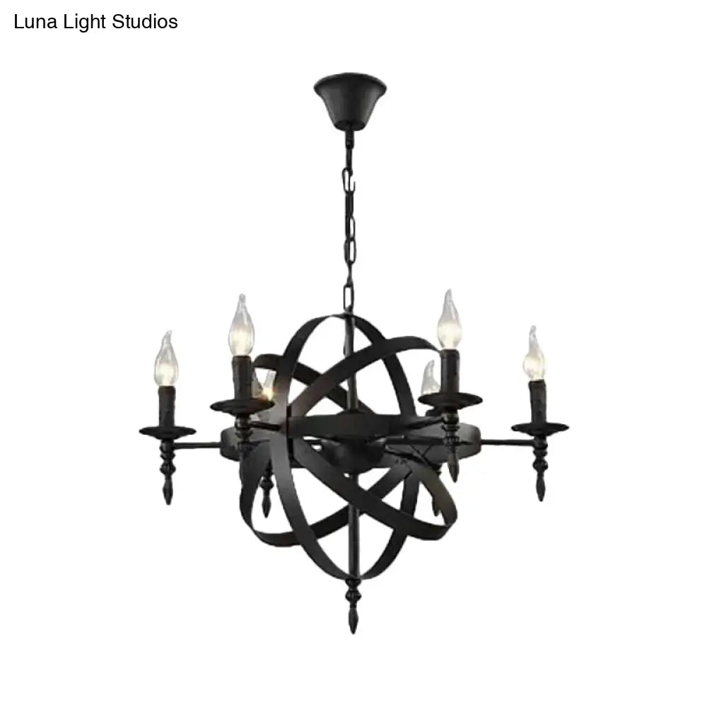 Metallic Chandelier with Spherical Cage Shade - Vintage 6/8 Head Ceiling Light for Restaurants in Black/Rust