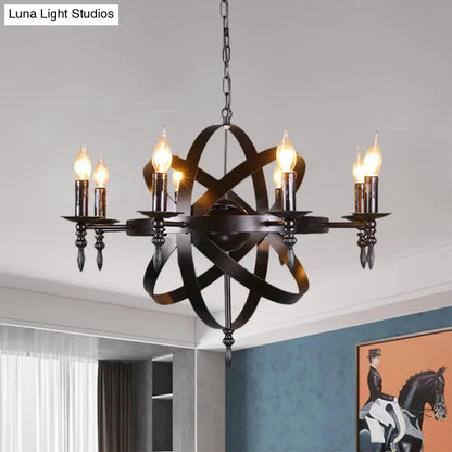 Metallic Chandelier with Spherical Cage Shade - Vintage 6/8 Head Ceiling Light for Restaurants in Black/Rust