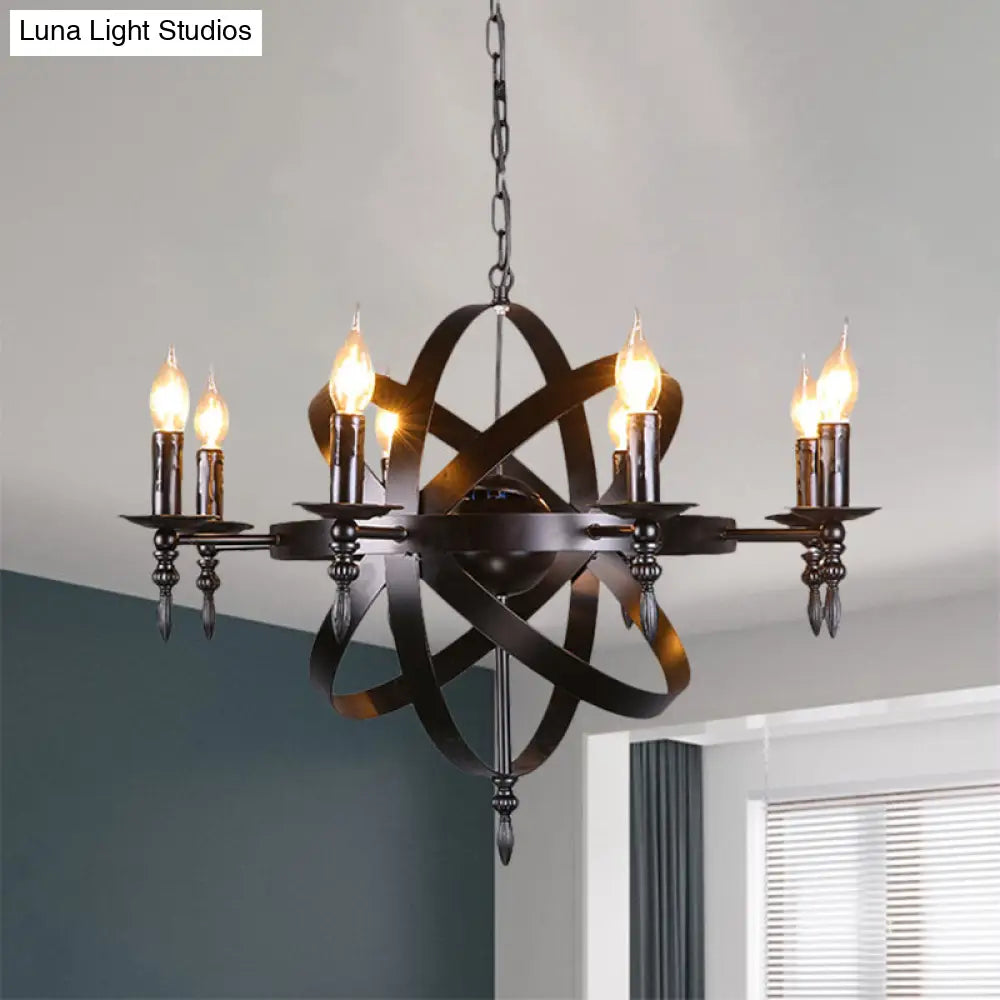 Metallic Chandelier with Spherical Cage Shade - Vintage 6/8 Head Ceiling Light for Restaurants in Black/Rust