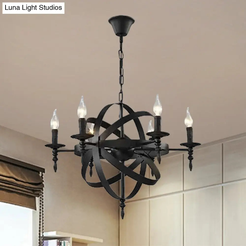 Metallic Chandelier with Spherical Cage Shade - Vintage 6/8 Head Ceiling Light for Restaurants in Black/Rust